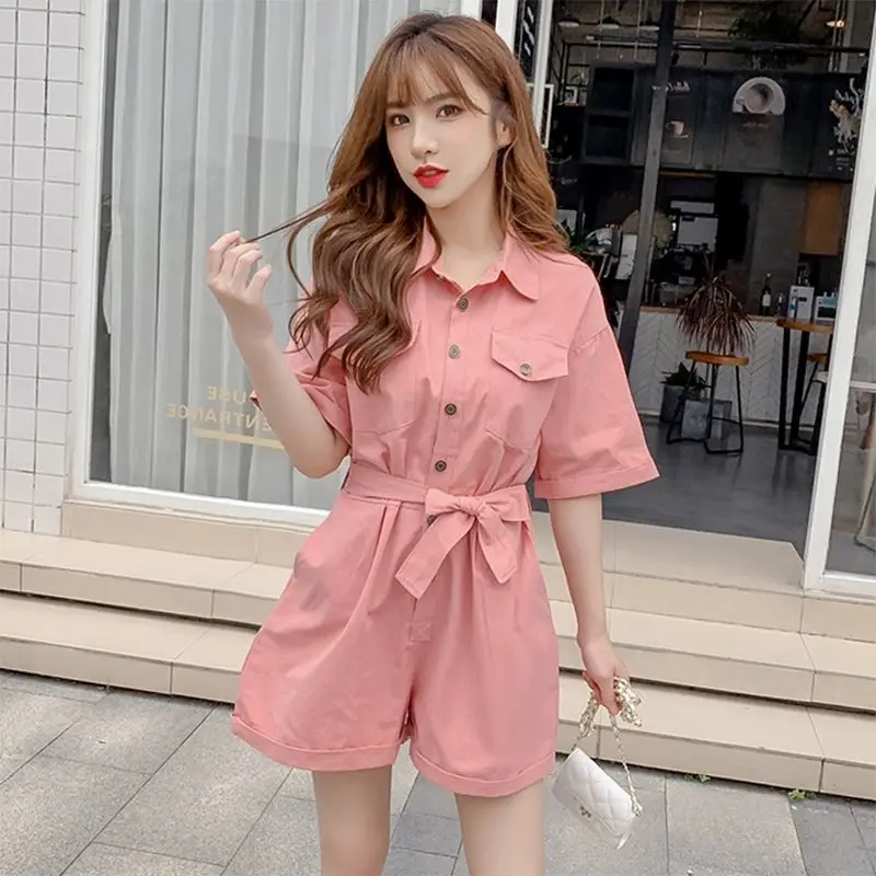

Female Jumpsuit Women Summer 2021 Playsuit Short Sleeve Romper Plus Size S-XL Moto Biker Bodysuit Loose Femme Women Clothing