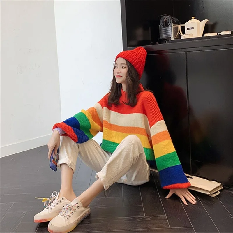 Harajuku Streetwear 2019 Autumn Rainbow Puff Sleeve Sweater Women Loose Knitting Pullovers Ladies Vintage Jumper Sueter Mujer | Женская