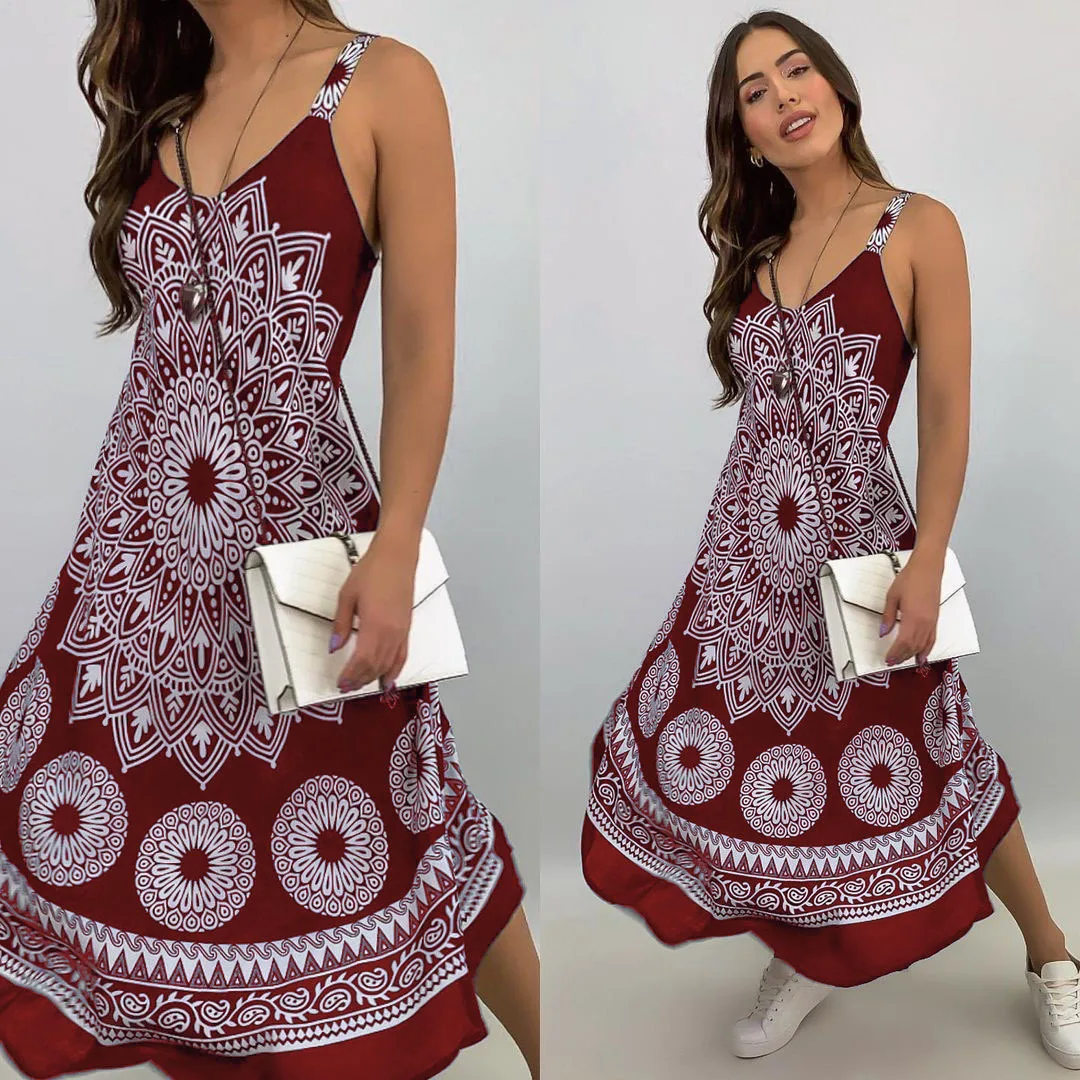 

Sling Print Dress Ladies Totem Dress Summer High Waist Casual Robes Femme Sundress Party Dresses Fashion Vestidos Women 2021 New
