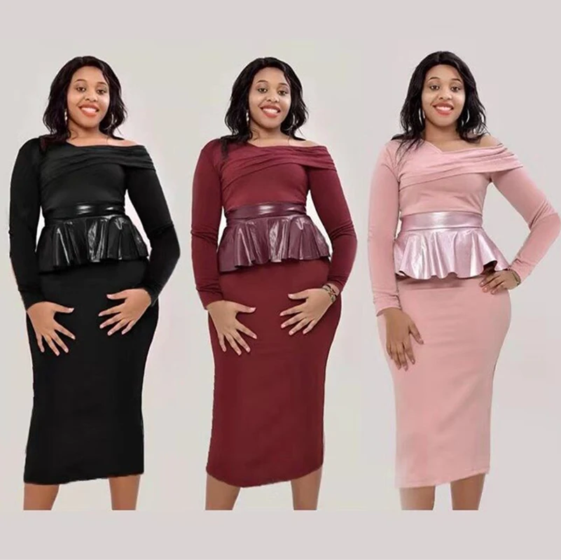 Платье-миди женское с длинным рукавом одним открытым плечом и баской | Женская