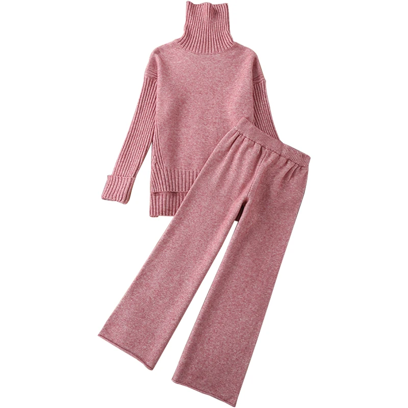 

Hot selling casual women's suit 2020 winter high neck loose thick knit fashion wide leg pants sweater two-piece women