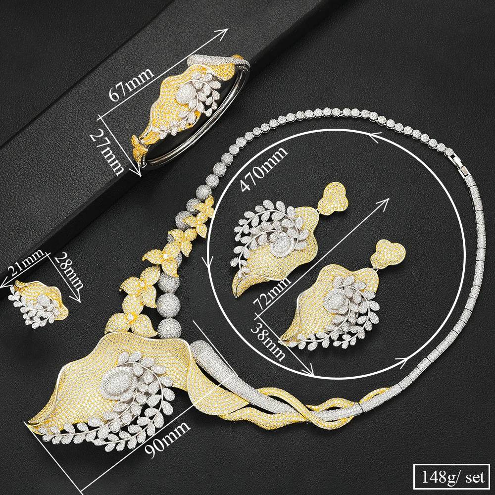 

missvikki Famous Brand Trendy Leaf Charms 4Pcs Statement Necklace Earring Bangle Ring Set Luxury Nigerian Dubai Jewelry Sets For Women Cubic Zircon Wedding Bridal Jewelry Sets 2019