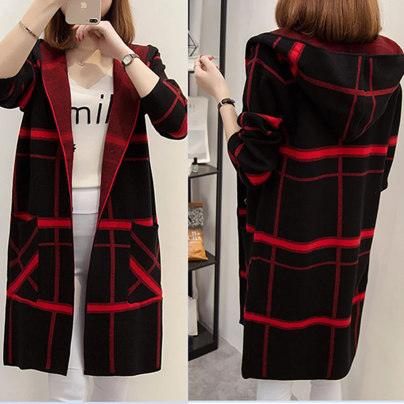 2020 осенний длинный свитер пальто женский рукав с капюшоном клетчатый тонкий