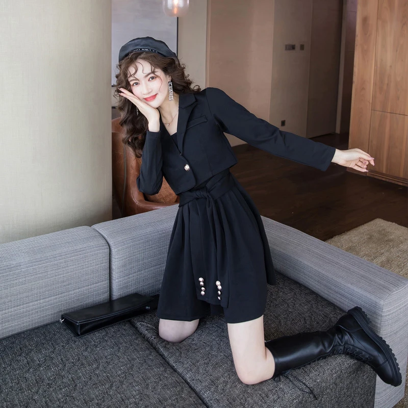 

autumn spring new arrival fashion formal dress suits short blazer and sexy mini a-line dress black fresh cute office lady sets