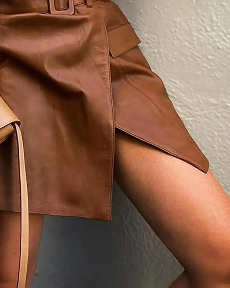 

Pocket Design Slit Leather PU Skirt Women Sexy Belted Night Out Mini Skirts