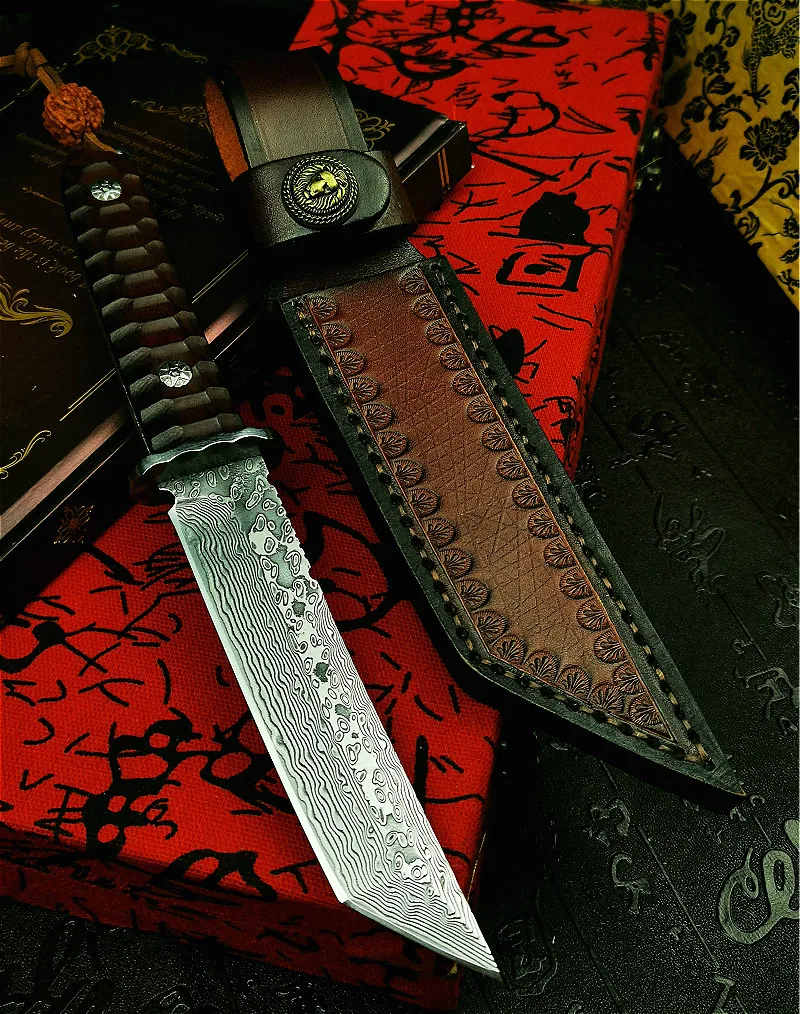 ZIMIR Japan vacuum forging Damascus steel G10 steel core high hardness integrated hunting knife red wood handle tactical knife
