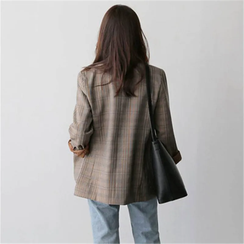 Женский клетчатый пиджак в стиле ретро повседневный свободный с длинным рукавом