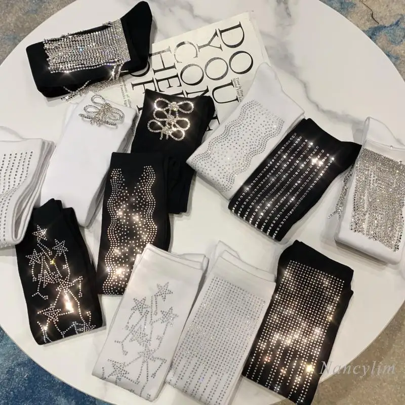 New Bow Rhinestone Socks Mid-High Baseball Cotton Sock for Women Girl Lady Nancylim