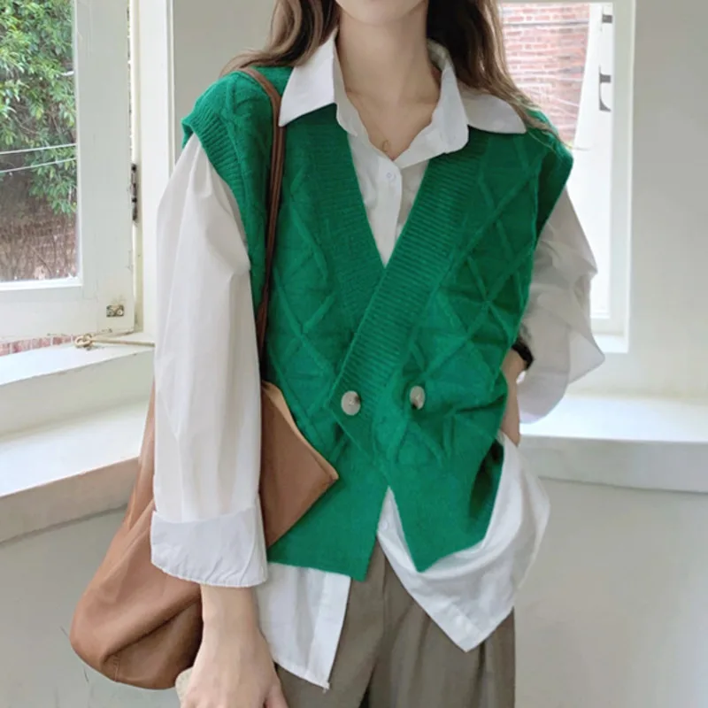 

Зеленый вязаный жилет с V-образным вырезом, женская одежда на весну и осень, возьмите жилет снаружи, сложите свитер, наденьте жилет снаружи Rac