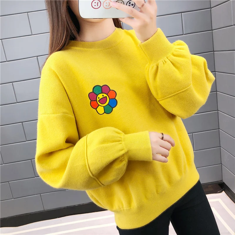 

412859 real photo smiling face flower printing Lantern Sleeve round neck knitting sleeve sweater [zone J 19]2019ag