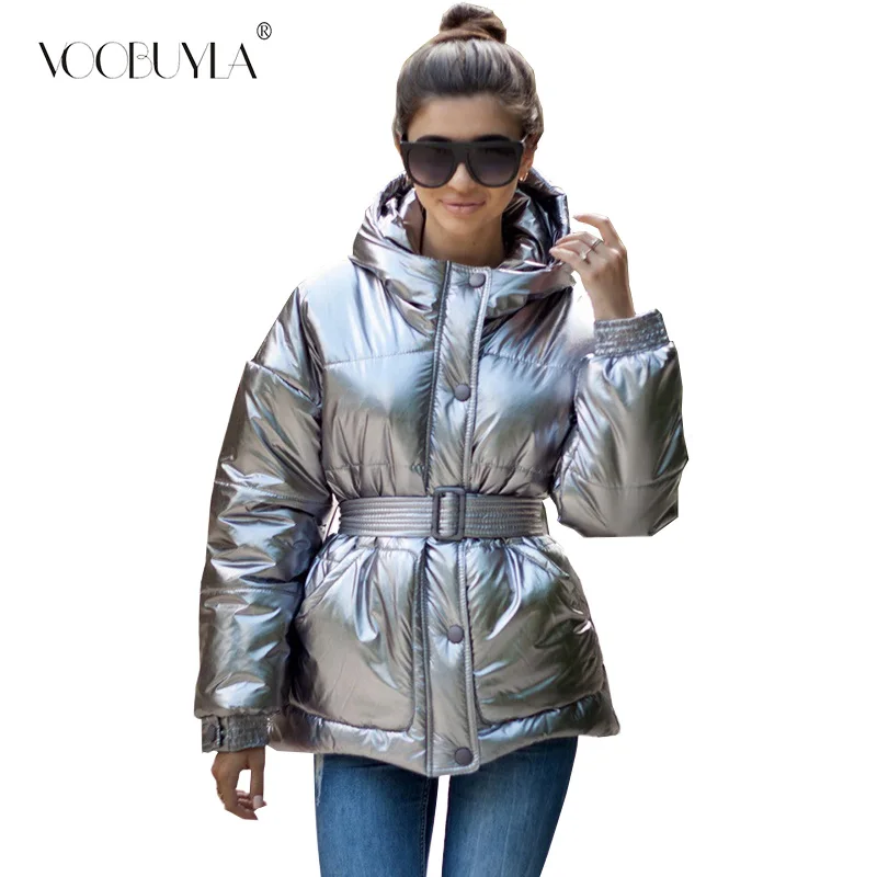 Блестящая Серебристая зимняя куртка Женское зимнее пальто с поясом Женская