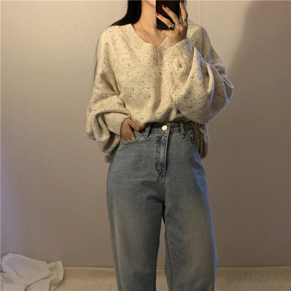 

Winter Sweater Women Casual Thick Autumn V-neck Oversize Sweater Pullover Warm Chic Female Loose Knitted Basic Sweaters Pull