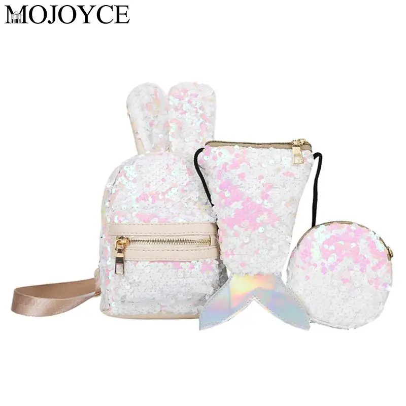 New Fashion Mini Shining Sequins School Backpack Women Rabbit Ears Rucksack Cartoon Label Purse Zipper Shoulder with Small Bag
