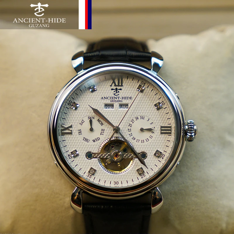 

45mm Luxury Automatic Mechanical Watch Tourbillon Diamond Calendar Waterproof Week Stainless Steel Self Winding Mens Watch Reloj