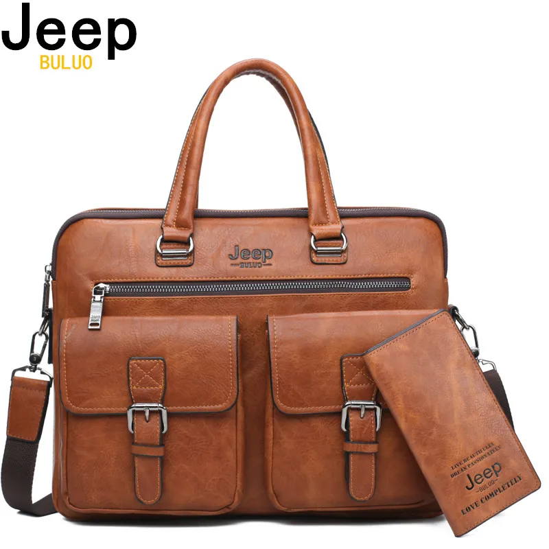 JEEP BULUO Famous Brand Business Briefcase Bag2pcs/set Split Leather Shoulder Bag Men office Bags For 13 inch Laptop A4 Causel