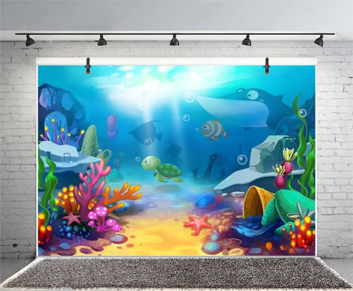 

Cartoon Underwater World Coral Reef Birthday Party Photography Backdrop Sea World Colorful Torpical Fishes Turtles Background