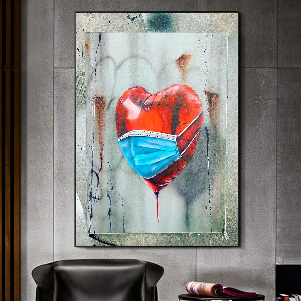 

Love Balloon with Mask Street Wall Graffiti Art Canvas Paintings Abstract Art Canvas Prints For Living Room Cuadros Home Decor