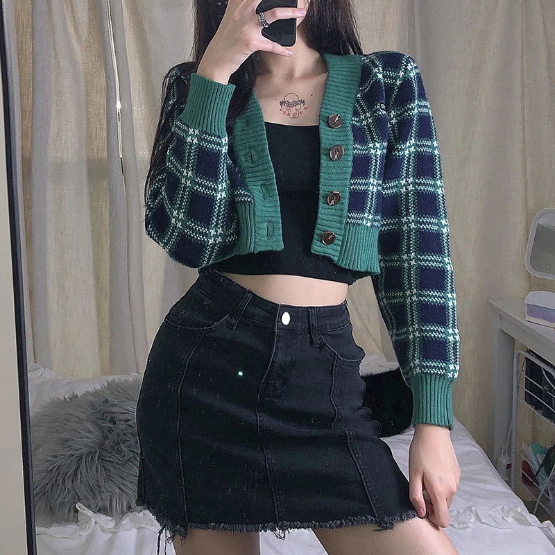 

Autumn Retro 90s Y2k Ling Sleeve Cardigans Women Green Plaid Knitwear Japanese Button Up V Neck Knitted Jumpers Outfits Sweaters