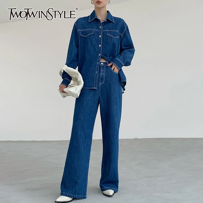 

TWOTWINSTYLE Denim Two Piece Sets For Female Lapel Collar Long Sleeve Loose Coat With High Waist Pant Women's Suit New 2021