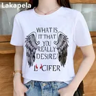 Женская футболка с принтом дьявола Люцифера Наш лорд, летняя модная футболка в стиле Харадзюку, топы, базовая белая футболка с круглым вырезом, короткие женские футболки