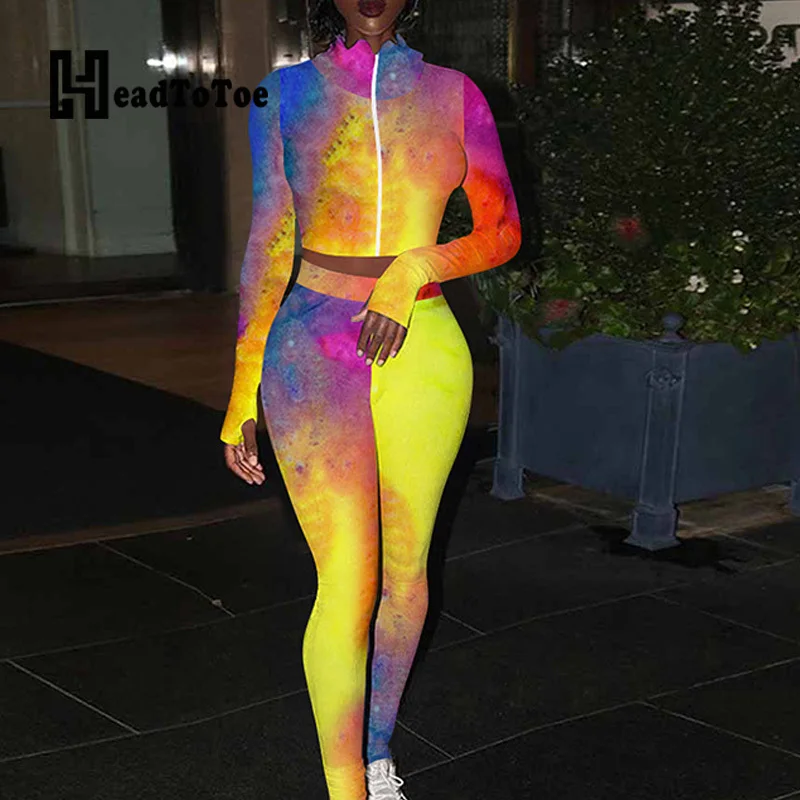 

Fashion Printed Long Sleeve Zipper Mock Neck Tops & Skinny Pants Set Young Style Casual Work Out Women Two Piece Outfits