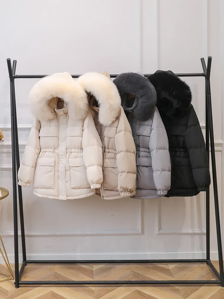 

YICIYA 2021 Winter White Duck Down Jacket Women Large Real Fur Collar Hooded Parkas Short Design Slim Warm Overcoat