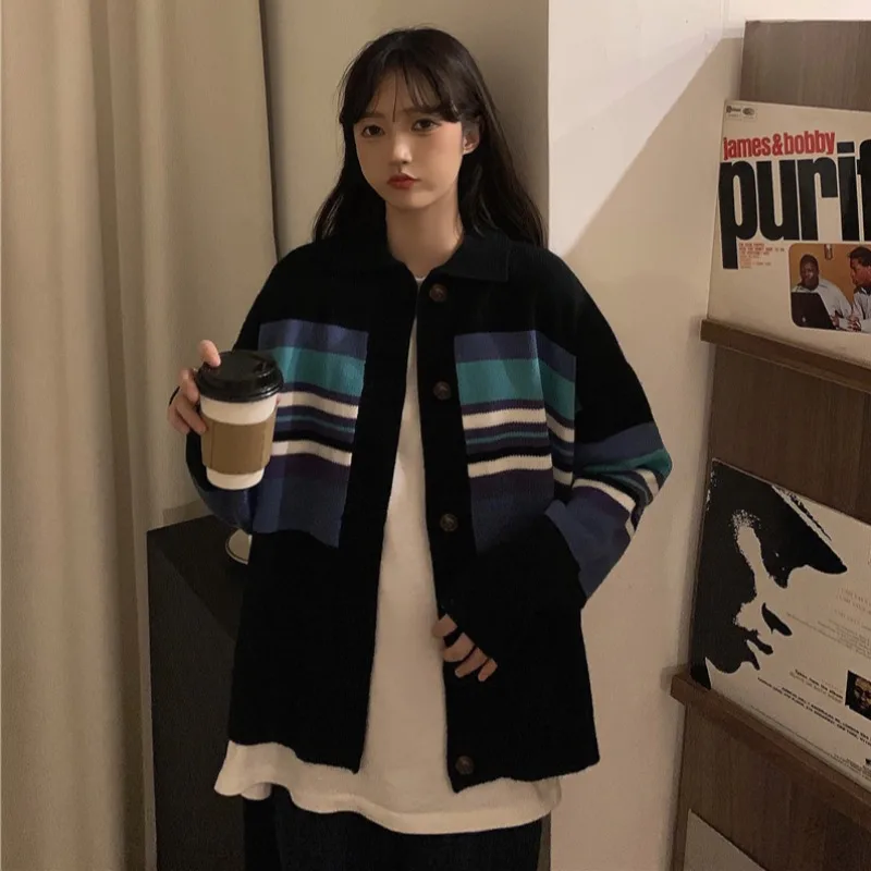 

Свитер женский кардиган осень-зима полосатая Свободная куртка с длинным рукавом Повседневный плотный вязаный свитер на пуговицах Женский ...