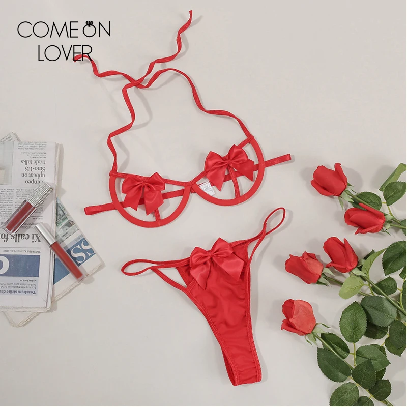 

Комплект нижнего белья Comeonlover из бюстгальтера и трусиков, прозрачное кружевное нижнее белье, прозрачное женское белье с бантом, сексуальное...