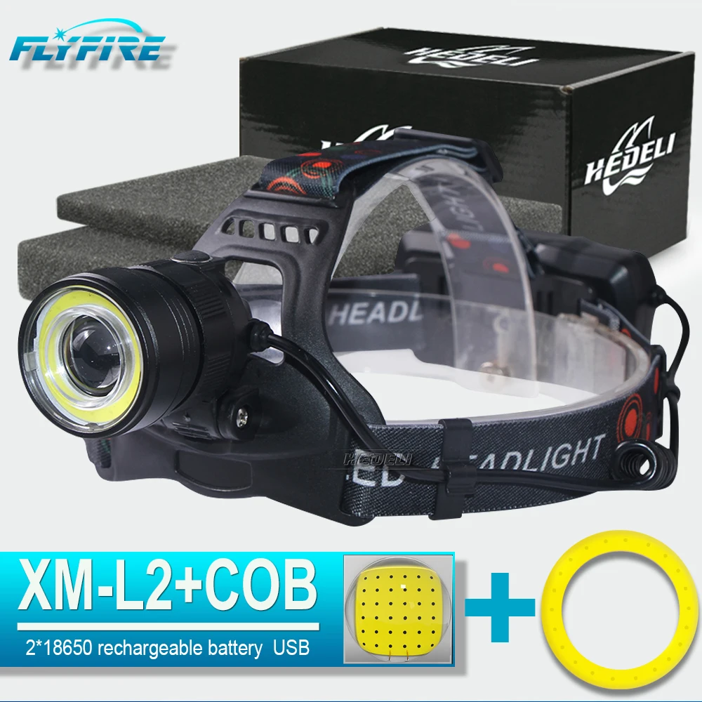 двойной источник света зум налобный фонарь led xm l t6 lampe фронтальный cob 2x18650 usb