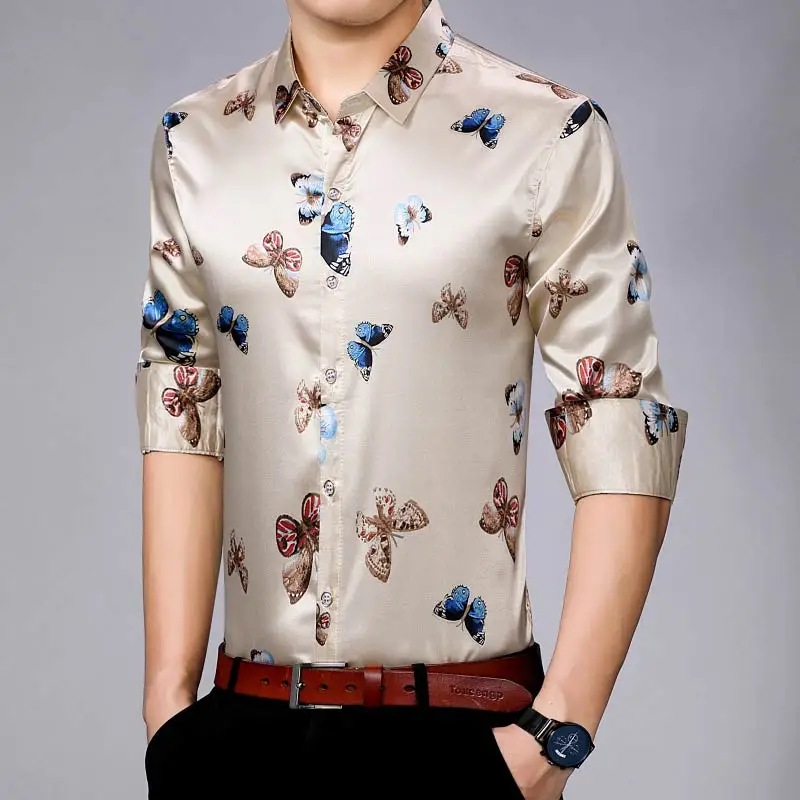 

2021 Brand Long Sleeve Men Social Shirt Streetwear Casual Butterfly Shirts Dress Mens Slim Regular Fit Clothes Fashions