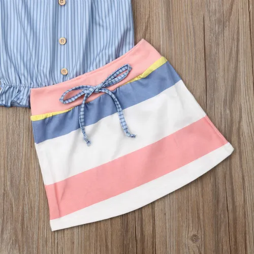 

2020 New US Infant Kids Baby Girls Fashion Striped Button Tops + Color Stripe Skirt Summer Casual Outfits Clothes