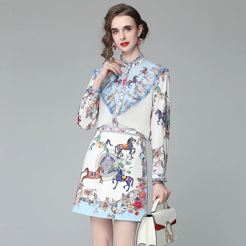 

Женский костюм с юбкой, белая рубашка с длинным рукавом и круглым вырезом, с принтом лошадей, в европейском и американском стиле, 2021