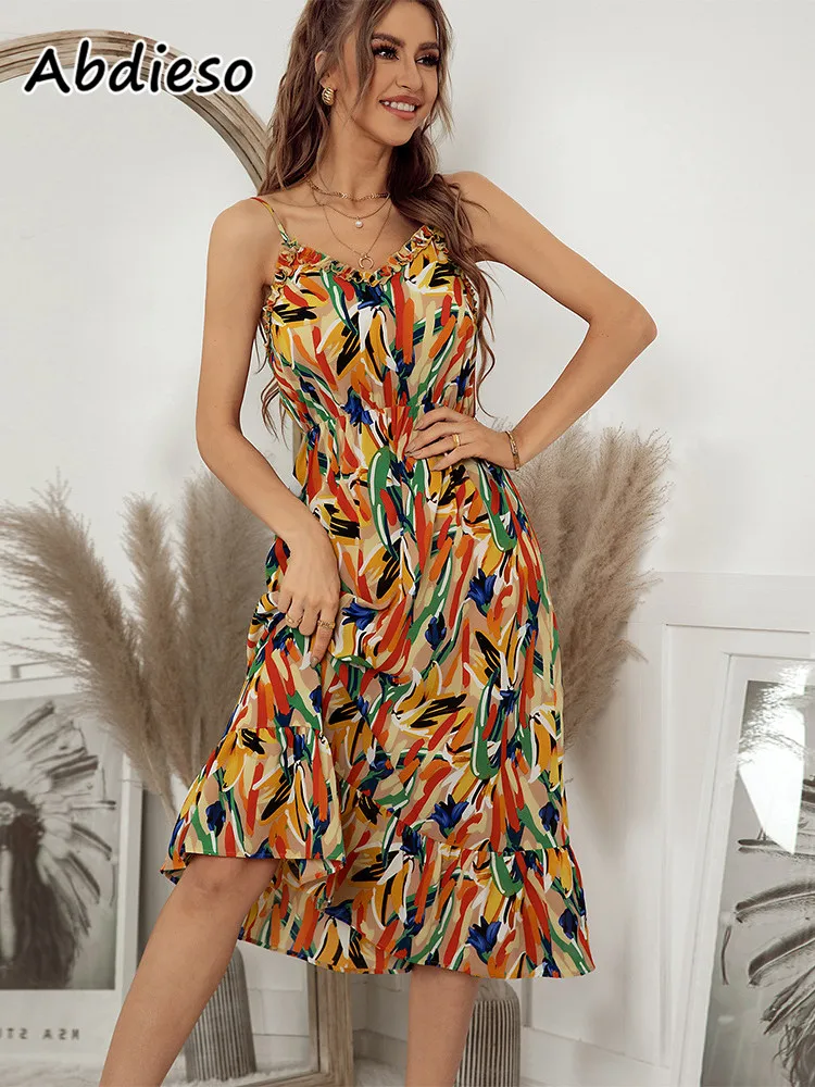 

Abdieso V-образный вырез сексуальное летнее платье средней длины без рукавов женское оранжевое с оборками 2022 с открытой спиной праздничное пля...