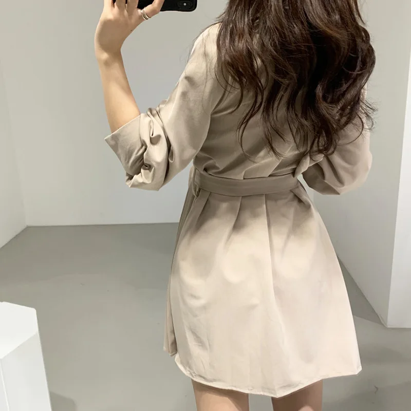 

New Notched Collar Dress for Women Slim Waist Solid Sashes Single Breasted Korean Elegant Dresses Pleated Vestido Feminino