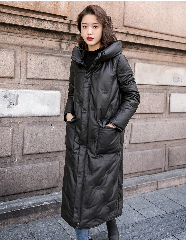 

JCHB 2021 jacket embroidered leather down women's Winter new mid-length sheepskin fur coat with hat