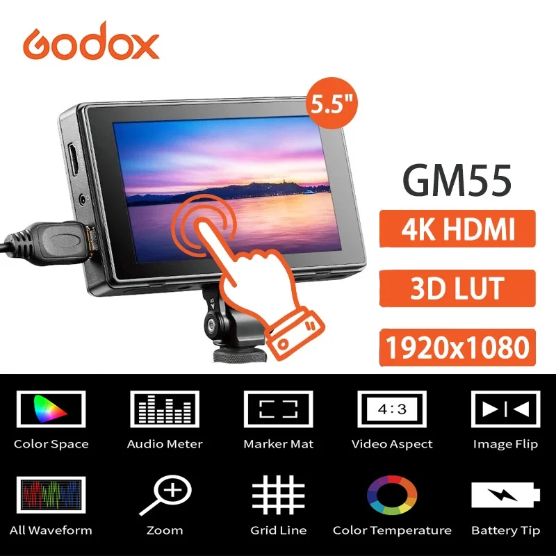 

Монитор Godox GM55, 4K, 5,5 дюйма, для камеры, DSLR, полевой монитор, HDMI, 3D, LUT, сенсорный экран, IPS, FHD, 1920x1080, видео VS F6 plus