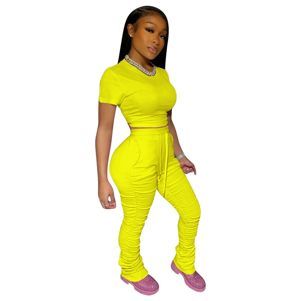 

Summer Solid Two Pieces Running Sets Women Sportswear Short Sleeve Crop Tops+High Waist Lace-up Stacked Trousers Female Outfits