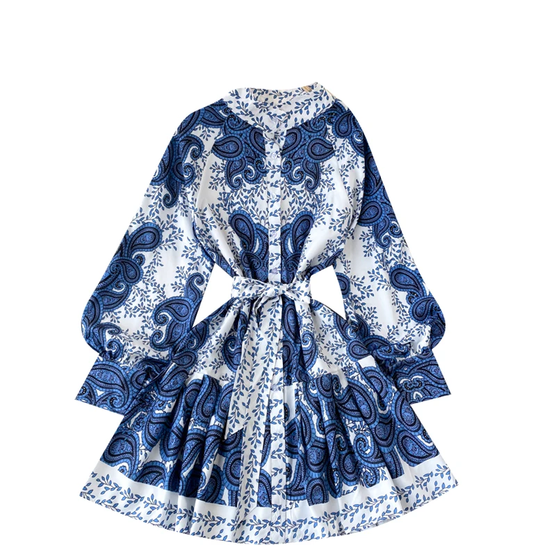 

00 New Autumn Winter Temperament Women's Dress Stand-up Collar Lantern Sleeves Slim Short Retro Print Dress UK87