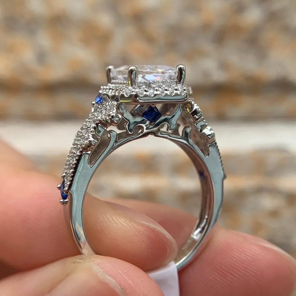 Newshe Classic Bridal Set Wedding Engagement Rings For Women 925 Sterling silver Princess Cut White Blue AAA Cubic Zirconia