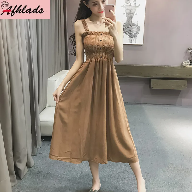 Женское винтажное платье без рукавов однотонное тонкое трапеция на бретелях