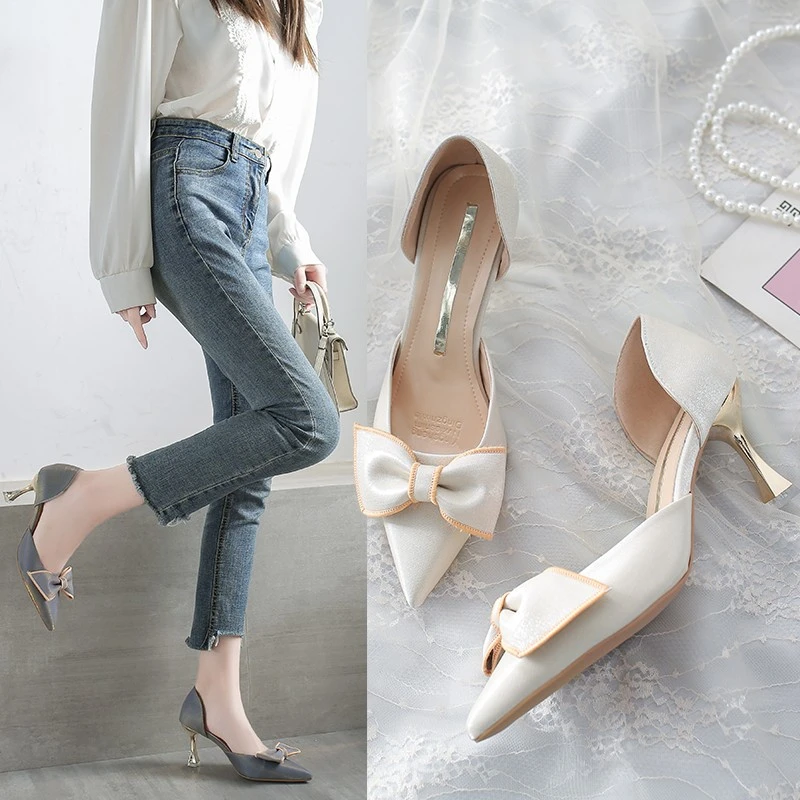 

Rimocy Bowtie Stiletto Heels Pumps Women Satin Pointed Toe D'orsay Two-piece High Heel Shoes Woman Elegant Wedding Banquet Shoes