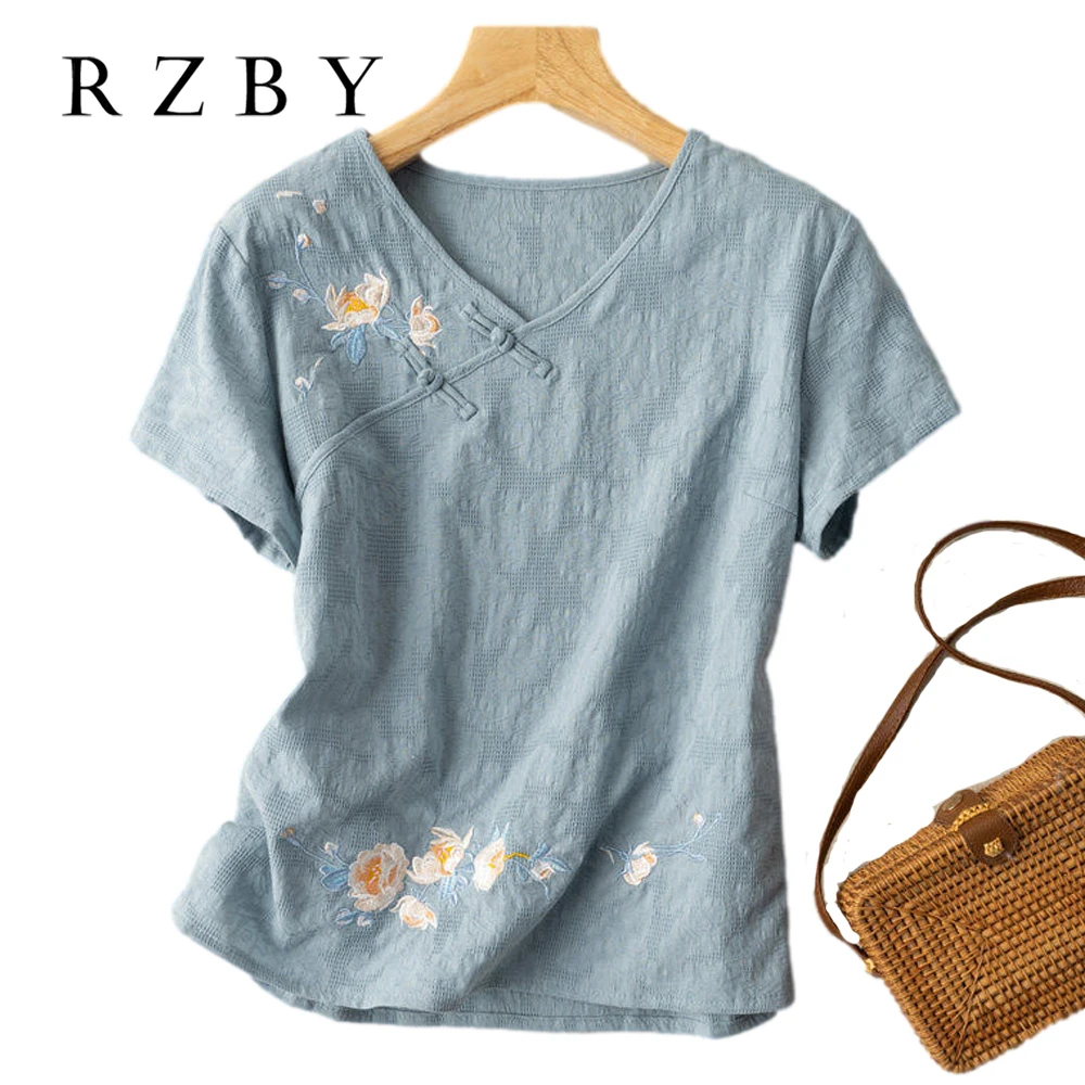 

Flora Embroidered блузка женская V Neck Chinese Style Blusas Cotton Linen Summer 2022 New Vintage Shirts For Women Tops RZBY840