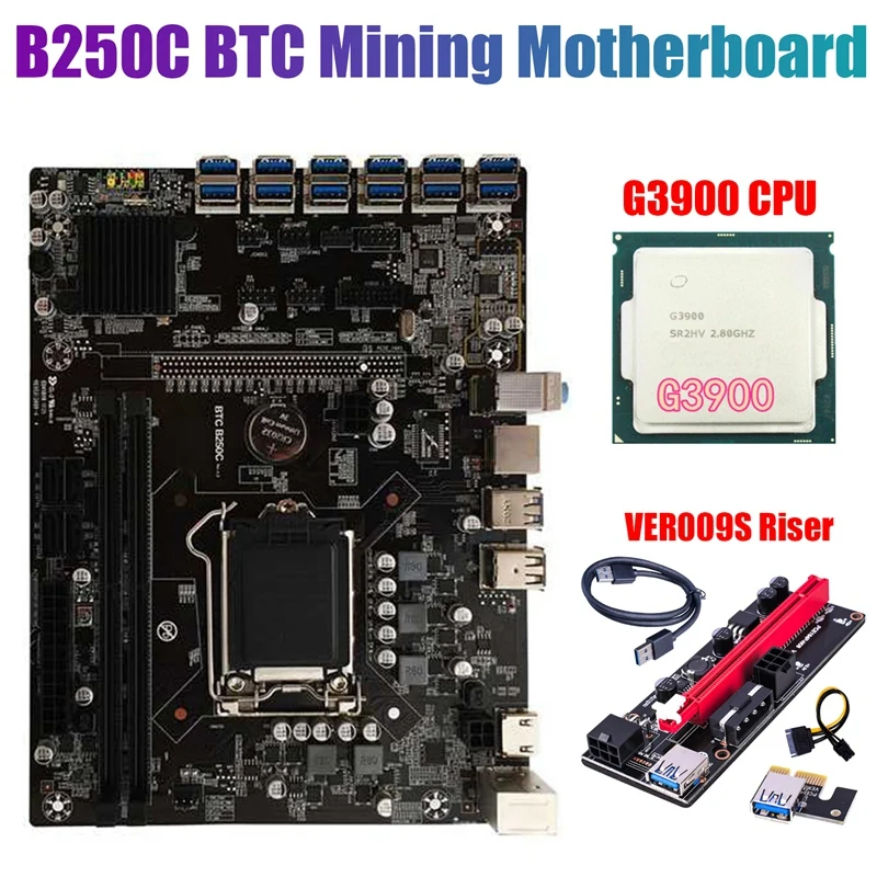 

B250C BTC Mining Motherboard+G3900 CPU+VER009S Riser 12XPCIE to USB3.0 GPU Slot LGA1151 Support DDR4 RAM Motherboard