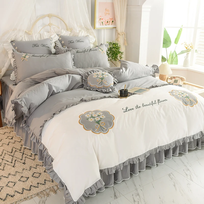 

Flower Comforter Cover Bedding Set Soft Embroidery Princess Bedding Set Korean Printed Funda Cama Household Products DI50CT