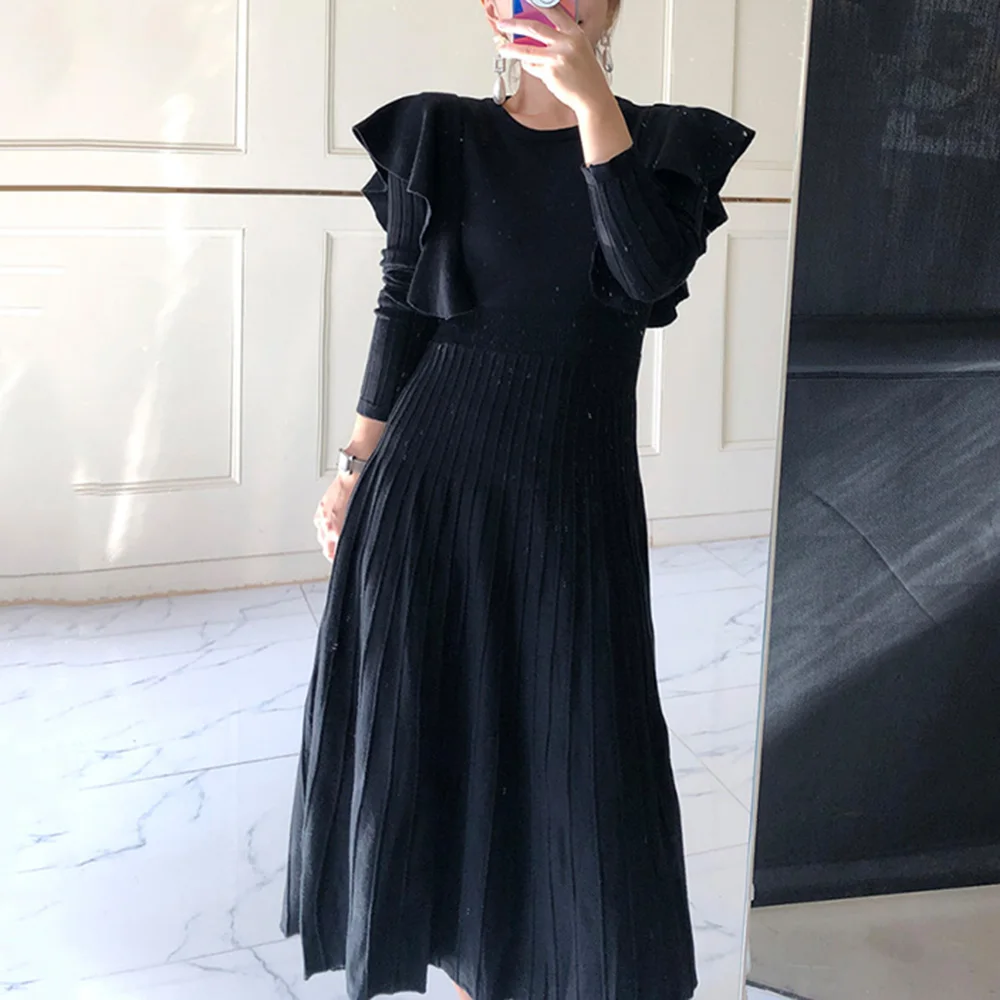 Осеннее Плиссированное трикотажное платье миди с круглым вырезом Kawai оборками и