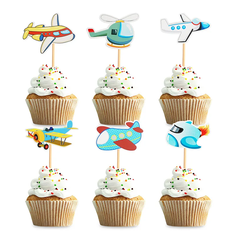 Figuras de cupcakes de avi&oacute;n de 12 Uds., Decoraci&oacute;n de Pastel de tem&aacute;tica de reconocimiento de g&eacute;nero para el beb&eacute; de helic&oacute;ptero para fiesta de bodas, suministros de fiesta de cumplea&ntilde;os-4