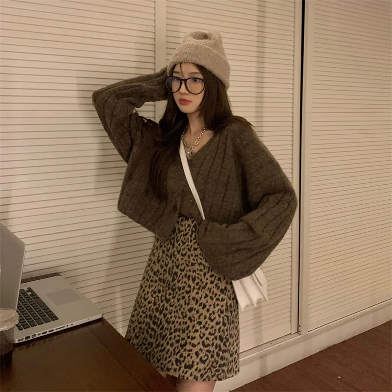 Женский корейский Кардиган кофейный однобортный шерстяной короткий вязаный