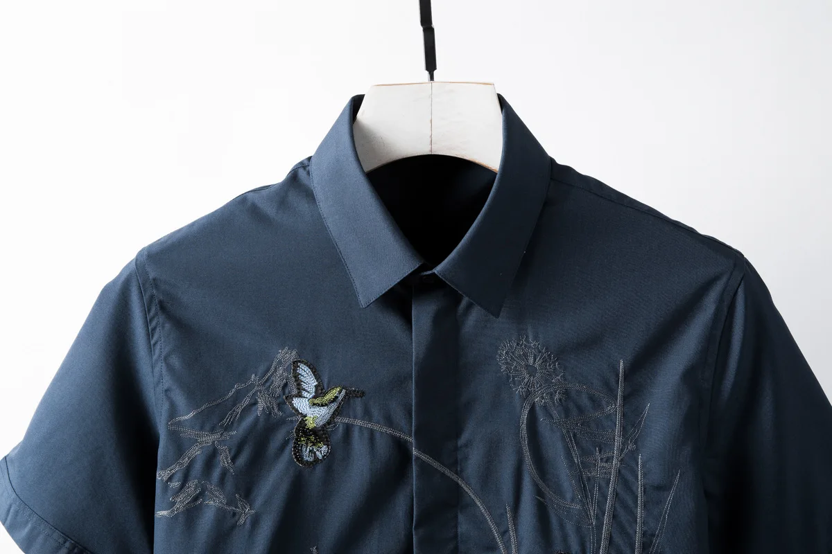 Minglu Mens Shirts Luxury Chinese Style Flower And Bird Embroidery Short Sleeve Men Fashion Casual Slim Man 4XL | Мужская одежда