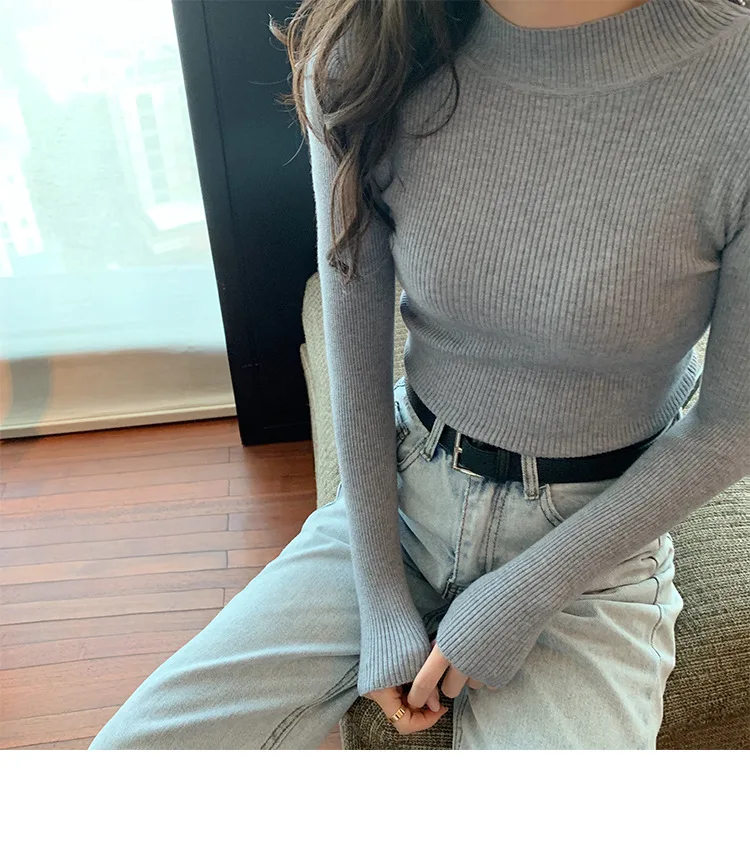 

Autumn Winter Women Sweater Solid Half-turtleneck Elastic Slim Sweater Female Long Sleeve Knitted Pullovers Harajuku Soft Jumper