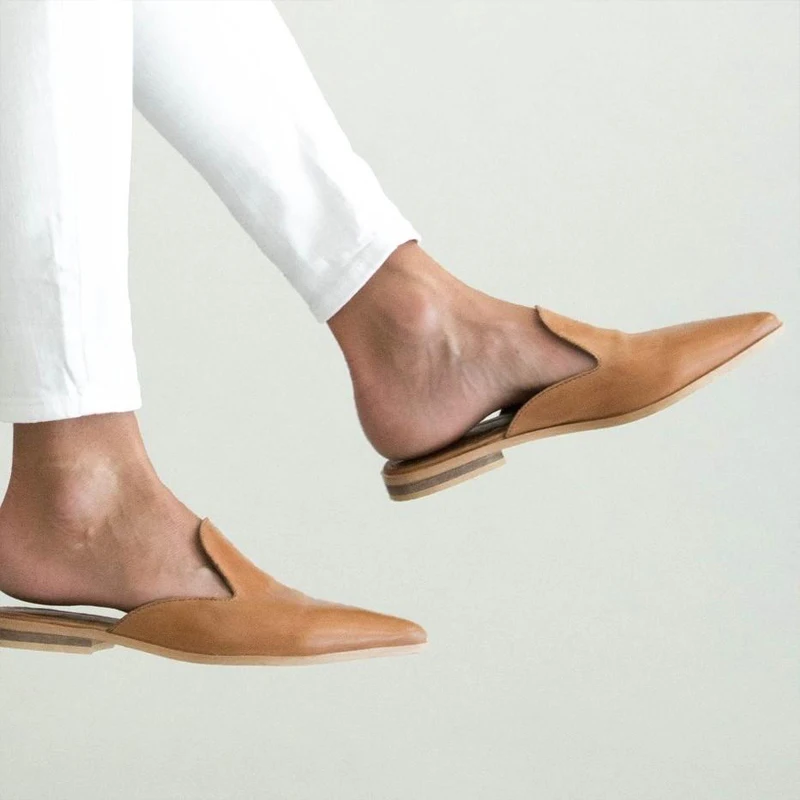 

2020 Low Heel Slippers PU Leather Women Fashion Mule Shoes Pointed Toe Slides Patchwork Sandal Ladies Zapatos Mujer